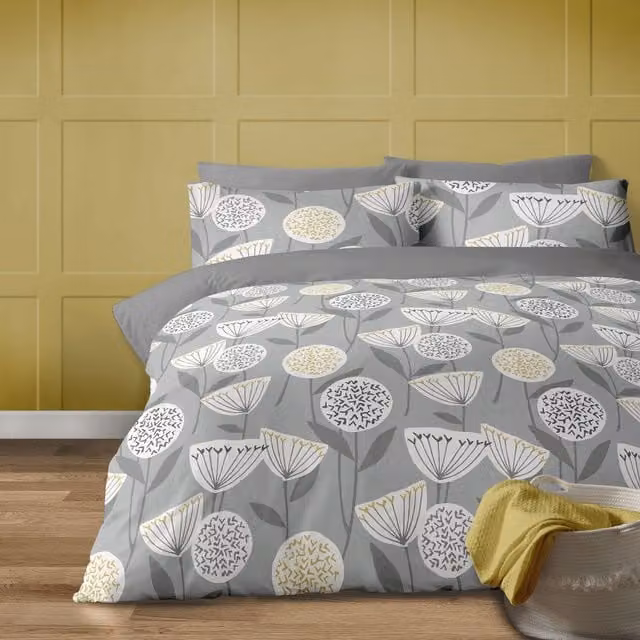 Bellissimo Retro Scandi Floral Duvet Cover, Grey, 140 x 200 cm