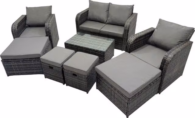 Fimous 8-Seater Rattan Outdoor Sofa Set in Grey with Reclining Chairs, Coffee Table and Ottoman