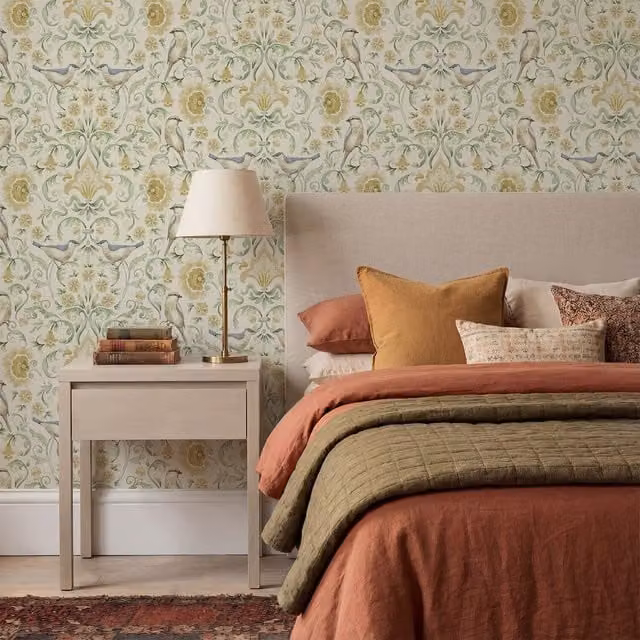 Arthouse Floral Bird Damask Wallpaper in Yellow, Green and Multicolour