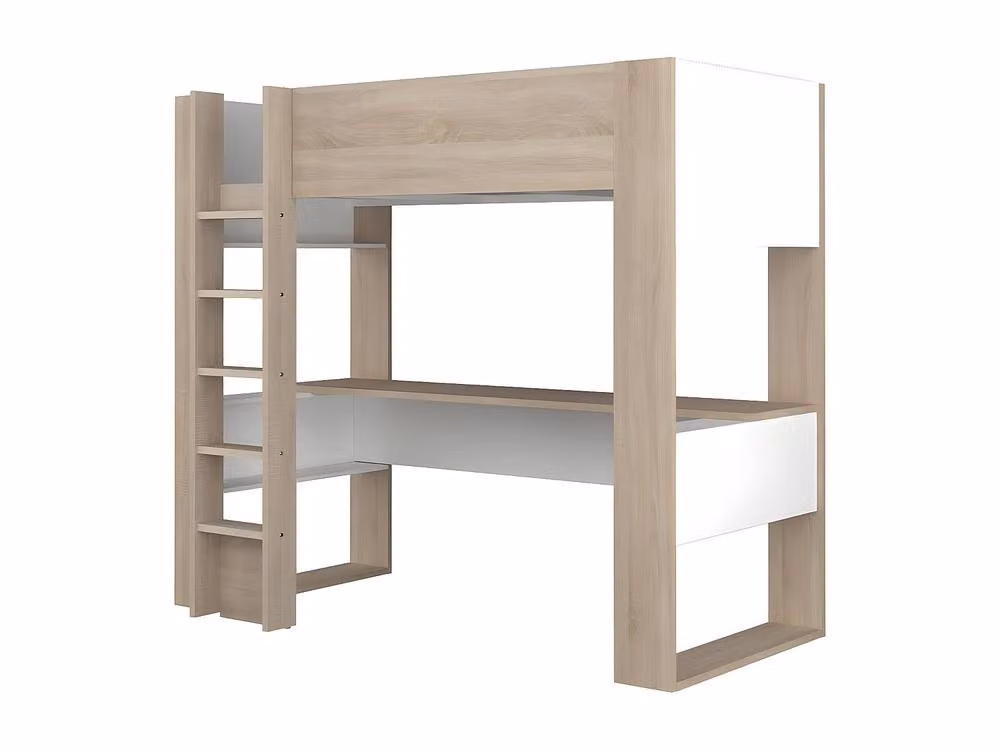 Vente-unique Loft Single Bed with Integrated Desk and Storage in Oak and White, W/D/H: 200 x 90 x 183 cm – 2