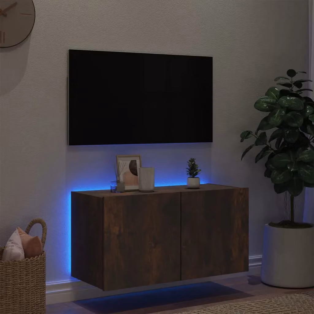 Berkfield Home Modern Wall-Mounted TV Cabinet with Integrated LED Lights in Smoked Oak Brown, W/D/H: 80 x 35 x 41 cm – 4