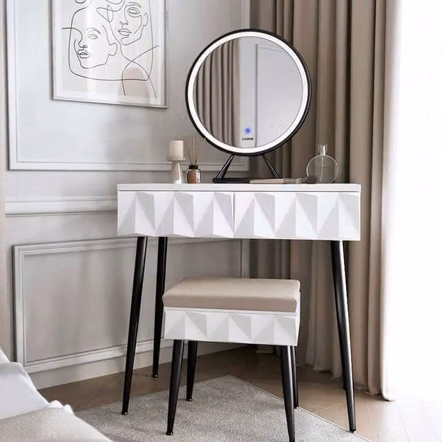 CARME Modern White and Gold Velvet Dressing Table Stool with Geometric Metal Base