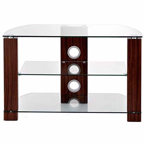 TTAP GROUP Modern Clear Glass TV Stand with Walnut Legs for TVs up to 37-Inch, Brown and Transparent
