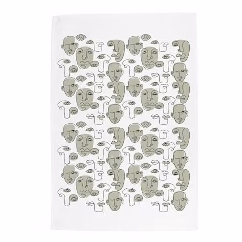 Purely Home Abstract Faces Cotton Kitchen Tea Towel in White, Green and Multicolour, W: 67 cm, H: 45 cm