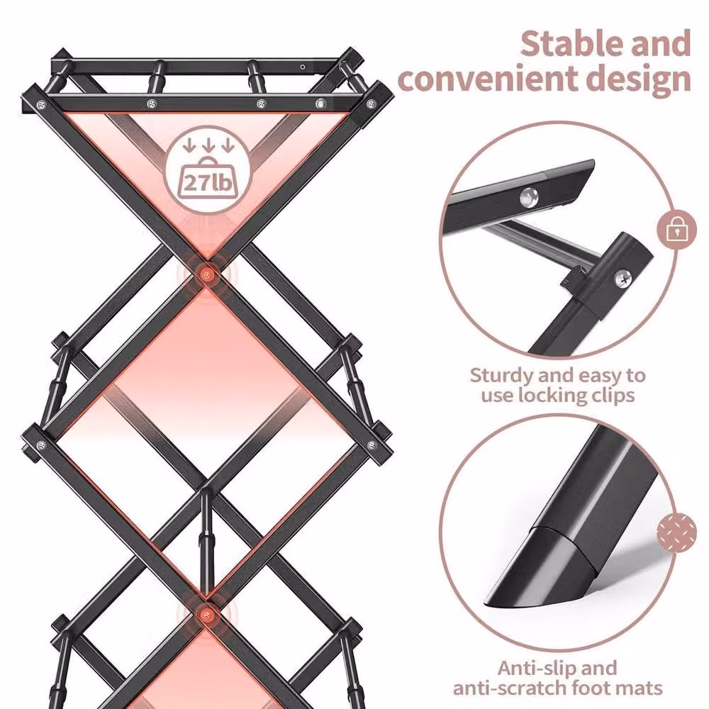 FLAVORA Heavy Duty 3 Tier Foldable Clothes Airer Dryer in Black Coated Steel – 3