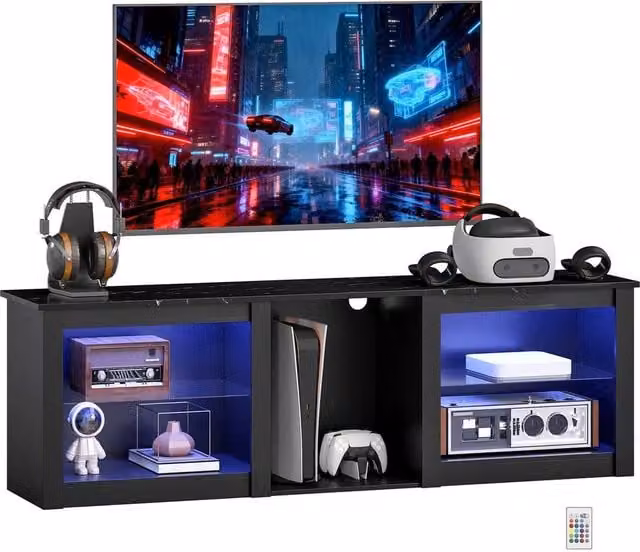 KORVIXA Modern Black TV Unit with Integrated LED Lighting and Glass Details
