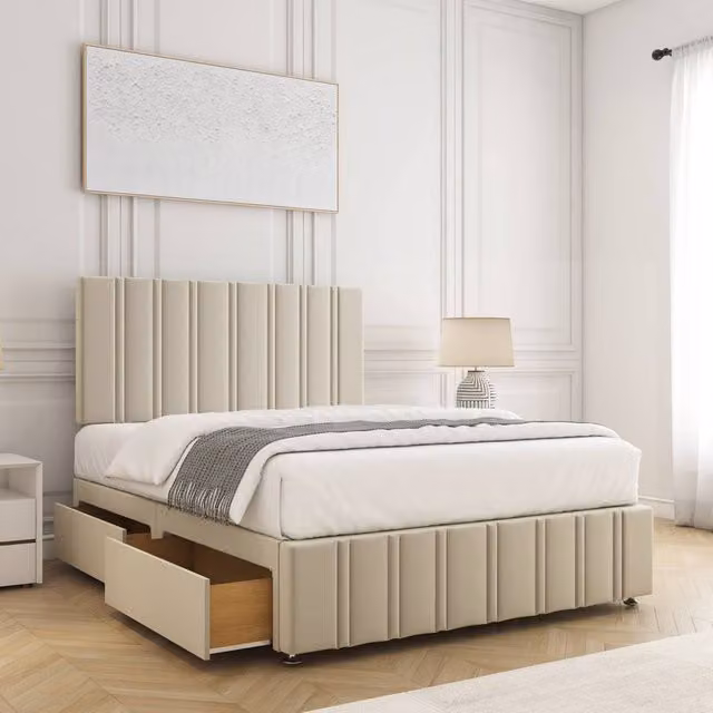 BSSPOKE Isabella Single Divan Bed with 24 inch Headboard and 2 Drawers in Cream Velvet