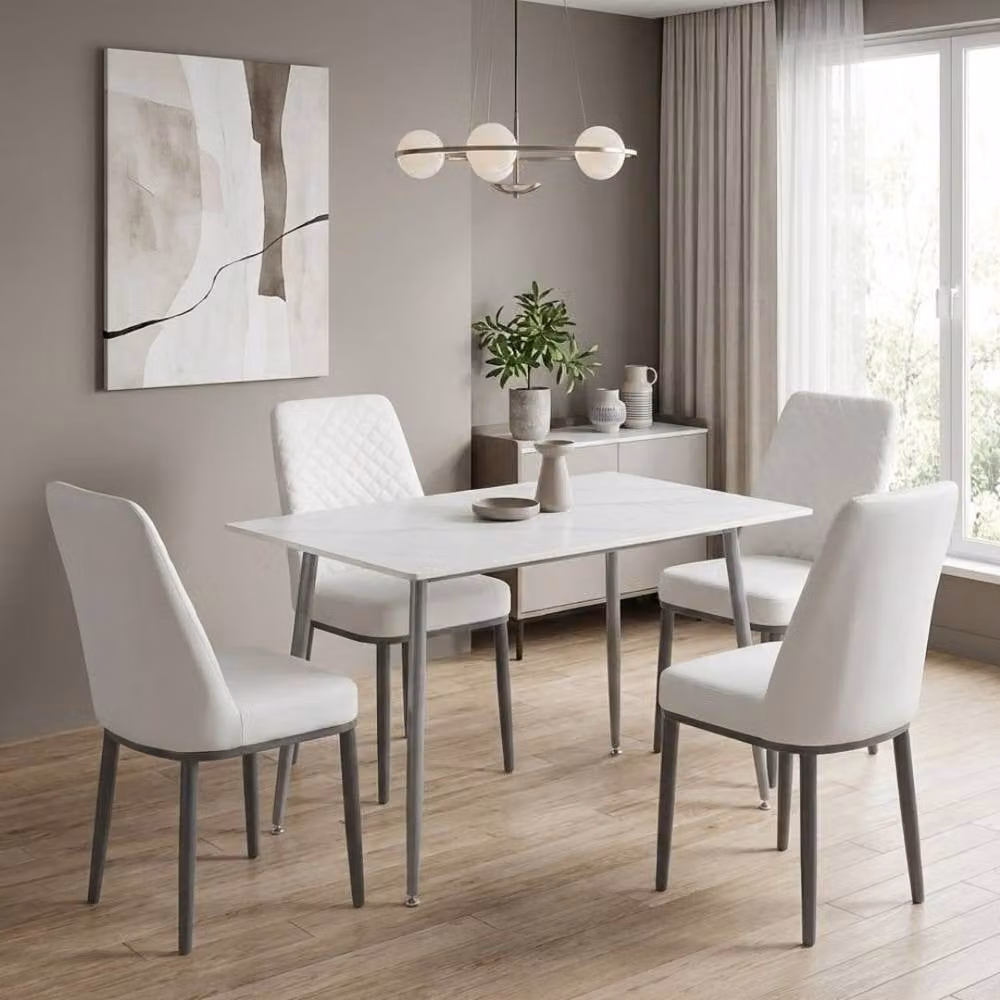 HOME LUXE INTERIOR Oxford White Ceramic Rectangular Dining Table and 4 White Upholstered Chairs Set – 2