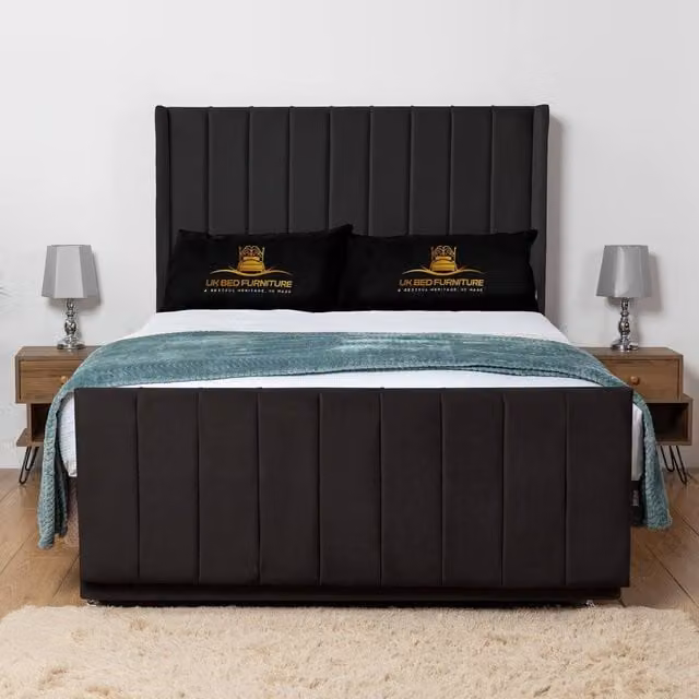 UK Bed Furniture Seoul Wingback Divan Bed Base with 54 Inch Headboard, Black Velvet, W/D/H: 180 x 200 cm