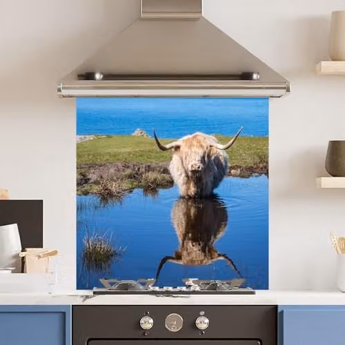 Highland Cow Polished Toughened Glass Kitchen Splashback, Multicolour, W: 60 cm x H: 60 cm