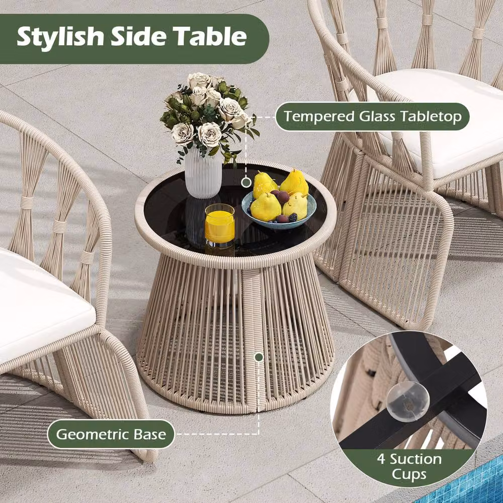 Costway 4 Piece Patio Furniture Set with 3 Rope-Woven Armchairs and Glass Top Table in Beige and Multicolour – 6