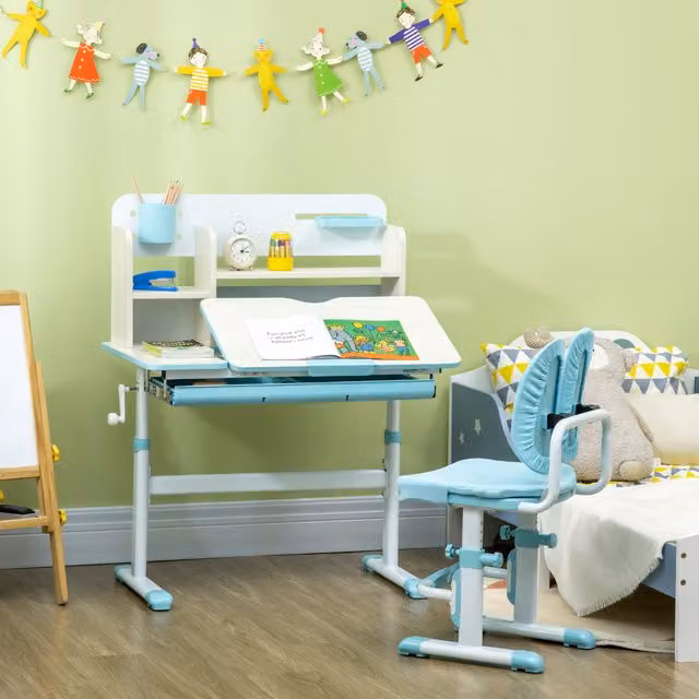 HOMCOM Kids Desk and Chair Set with Tilting Top and Height Adjustable Features, Blue