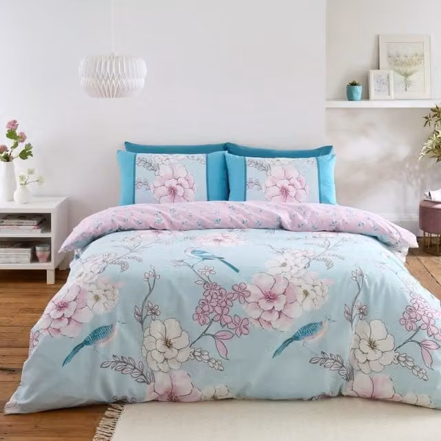 Gaveno Cavailia Blossom 3 Piece Reversible Double Bedding Set in Blue, W/D/H: 200 x 200 cm with Button Closure