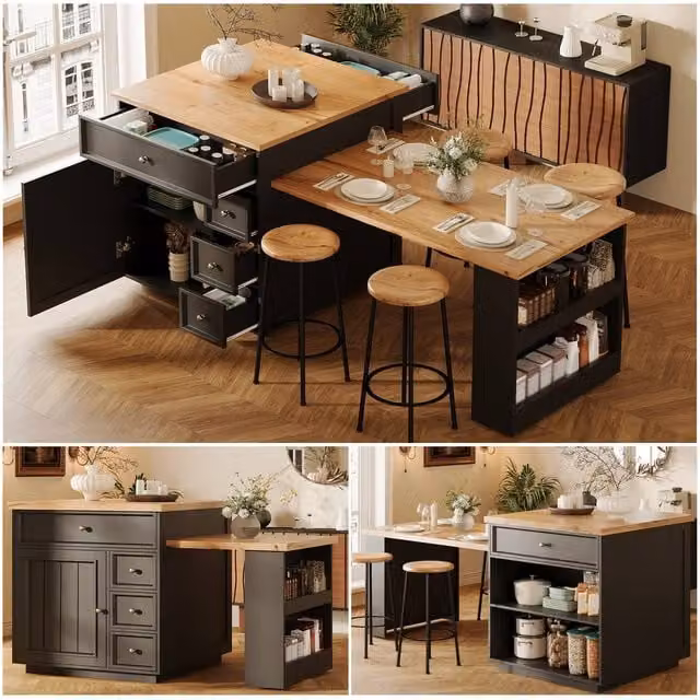 BTM Extendable Kitchen Island Rolling Storage Cart with Drawers in Black – 1