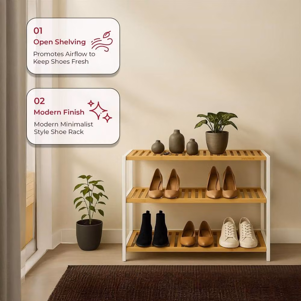 Kelvenix 3-Tier Natural Bamboo Shoe Rack with White Frame in Beige – 2