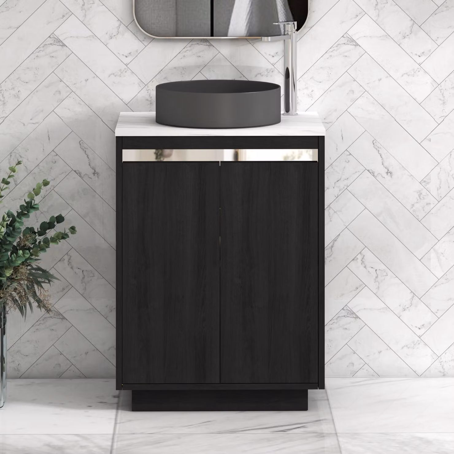 Royal Bathrooms Orion 600mm Hale Black Floor Standing 2 Door Vanity Unit with Carrara White Countertop and Art Round Basin