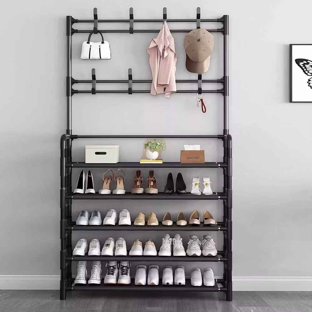 VOGREX 5 Tier Metal Hall Tree with Bench and 8 Hooks Shoe Rack in Matt Black – 3