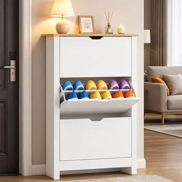 ERGOVEXA Modern Slim White Shoe Cabinet with 3 Tilting Compartments