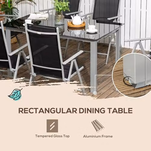 Outsunny 7 Piece Garden Dining Set with Tempered Glass Table and 6 Reclining Chairs in Black – 6