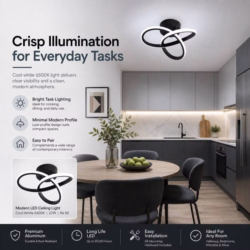 Goeco Modern Organic LED Ceiling Light in Black, 22W, 2500LM, 6500K, Diameter: 25 cm – 5