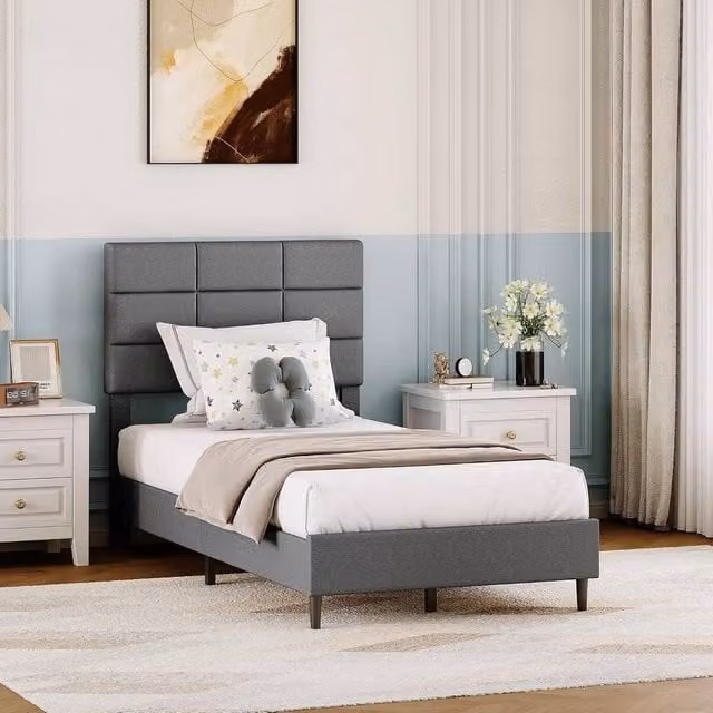 London Boutique Upholstered Single Bed Frame in Grey, W/D/H: 190 x 90 x 110 cm – 1
