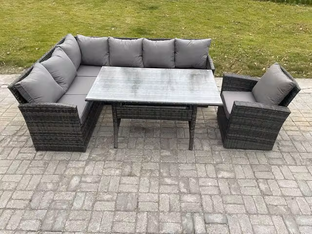 Fimous Outdoor Rattan Garden Furniture Set with Corner Sofa, Armchair and Rectangular Dining Table in Dark Grey