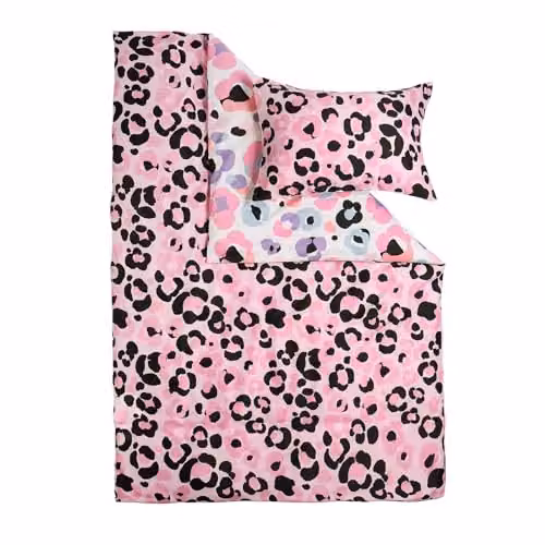 OHS Reversible Leopard Print Double Duvet Cover Set with Pillowcases, Pink and White – 3