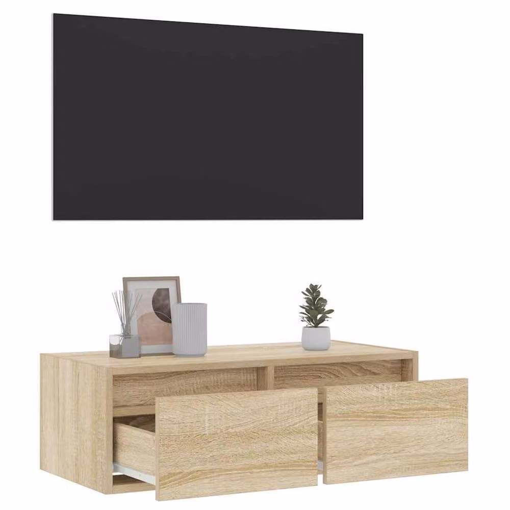 Berkfield Home TV Cabinet with LED Lights in Sonoma Oak and Light Tan, W: 75 cm, D: 35.5 cm, H: 25 cm – 2