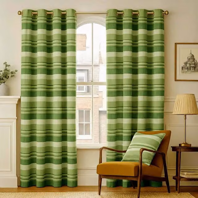 Homescapes Morocco Striped Cotton Curtain Pair, Green, Width: 137 cm, Height: 228.6 cm