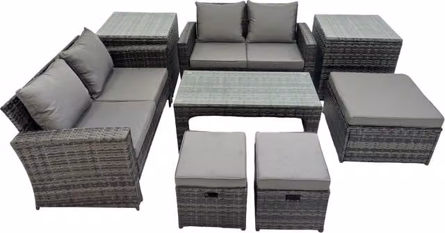 Fimous 7 Seat L-Shape Rattan Garden Furniture Set in Dark Grey with Upholstered Cushions, Coffee Table and Ottoman
