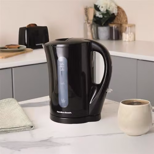 Hamilton Beach Essential Plastic Kettle with Auto Shut Off, Black, 1.7L – 2