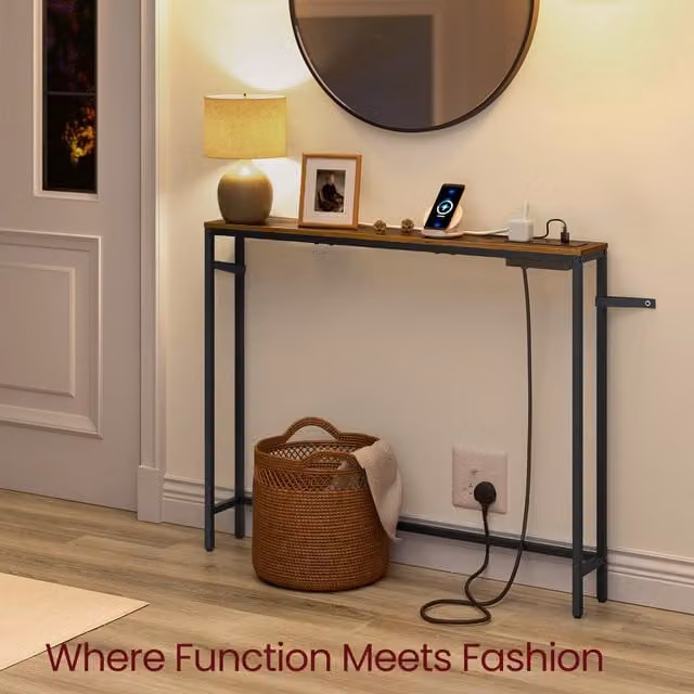 VASAGLE Brown and Black Slim Console Table with Charging Station, W/D/H: 100 x 30 x 80 cm