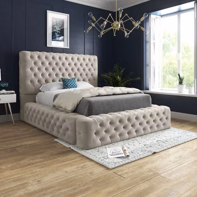 DS Living Cambridge Upholstered Velvet Bed Frame in Cream, 200 x 200 cm