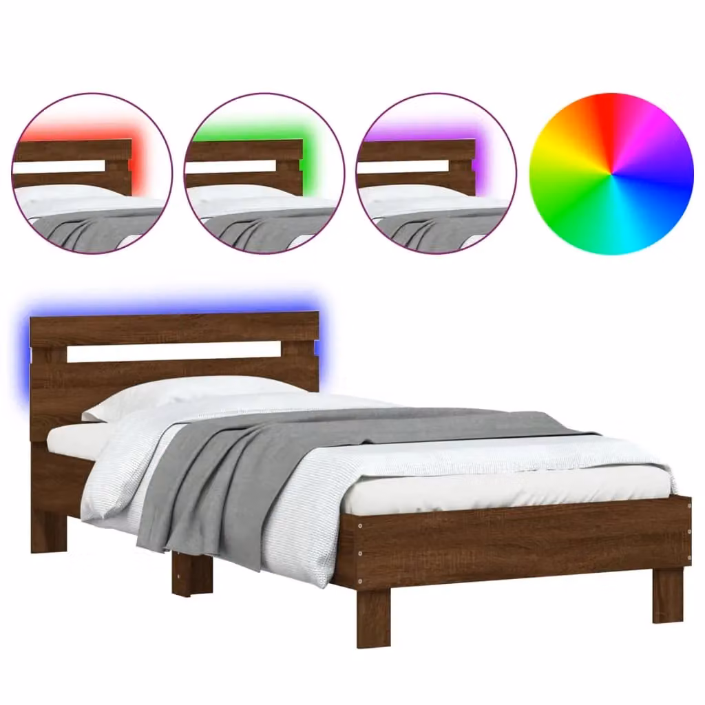 Berkfield Home Modern Bed Frame with LED Lights and USB Charging Port in Brown Oak, W/D/H: 100 x 200 cm – 1