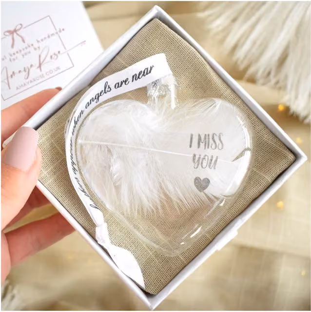 Amaya Rose Ltd I MISS YOU In Memory of Feather Heart Glass Bauble in White and Transparent