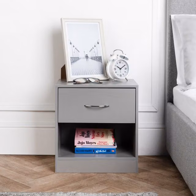 Home Treats Minimalist Grey Bedside Table with One Drawer
