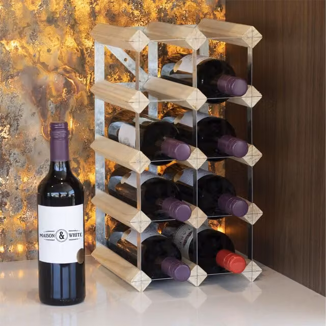 Maison and White Industrial Wood and Metal Wall Mounted Wine Rack in Brown