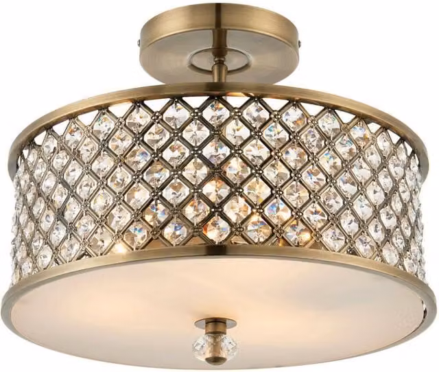 Loops Flush Ceiling Mounted Light in Antique Brass and Crystal with Round Shade