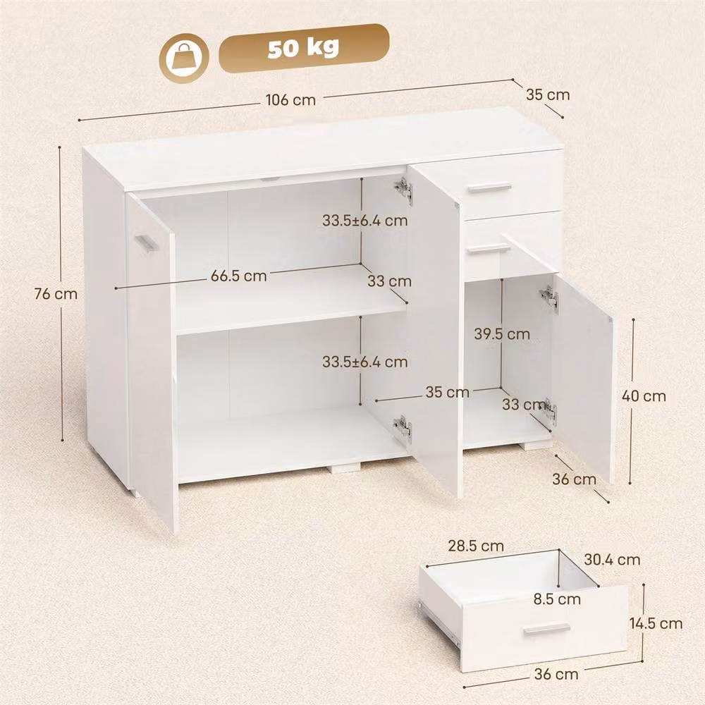 FORGEVIO Modern Glossy White Sideboard Storage Cabinet with 2 Drawers – 2
