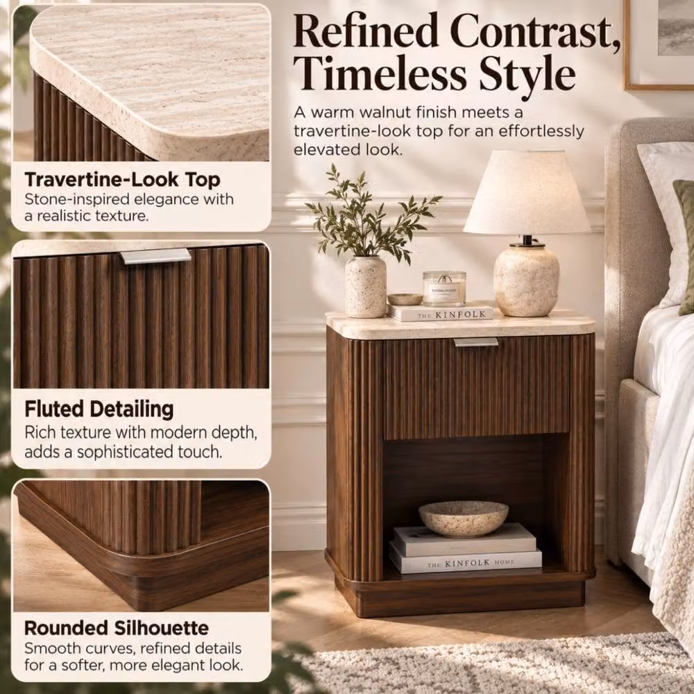 Merax Set of 2 Fluted Bedside Tables with Marble Effect Top Drawer and Open Shelf in Walnut – 6