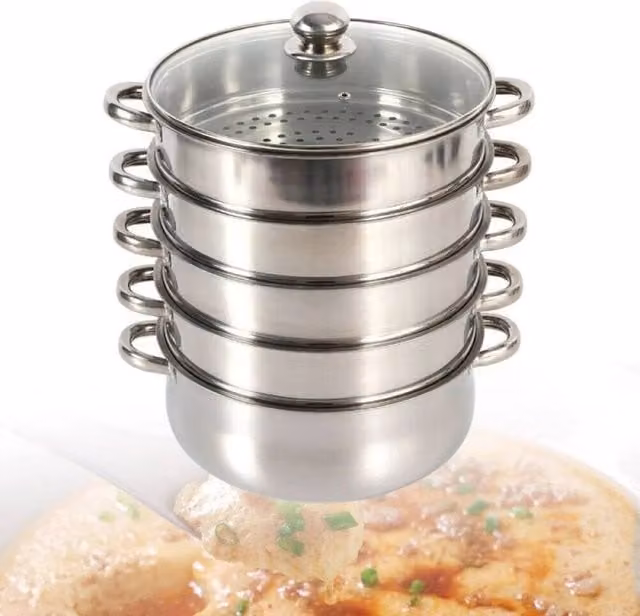 NESTLUNE 5 Tier Stainless Steel Induction Steamer Pot with Glass Lid, Silver, Diameter: 28 cm, H x W x D: 45 x 28 x 28 cm