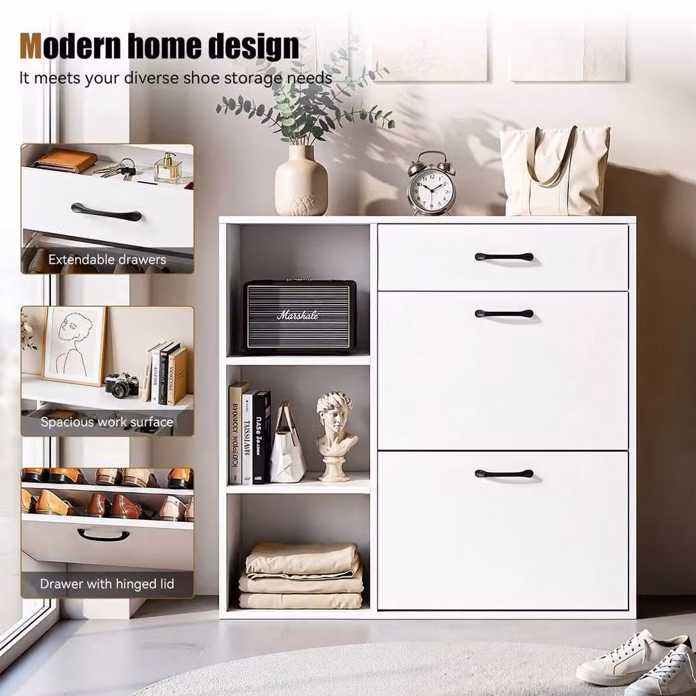 KORVIXA Modern White 4-Tier Shoe Storage Cabinet with Drawer and Tilting Compartments, W/D/H: 100 x 30 x 100 cm – 3