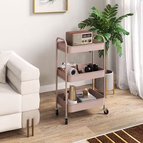 HOMCOM 3-Tier Rolling Utility Storage Trolley with Mesh Baskets in Pink, W/D/H: 45 x 30.6 x 79 cm – 2