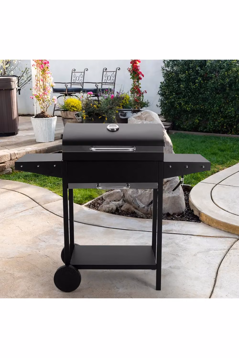 Living and Home Charcoal BBQ Grill with Side Table and Cart in Black Steel, W/D/H: 119 x 50 x 101 cm – 2