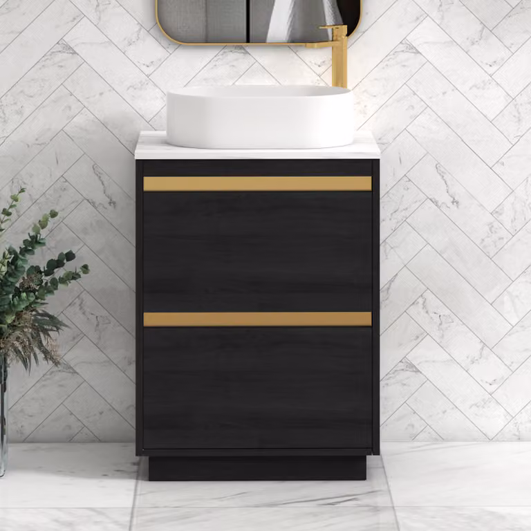 Royal Bathrooms Orion 800mm Hale Black Floor Standing Vanity Unit with Carrara White Countertop, 2 Drawers, Peak Basin and Brushed Brass Accent Trim