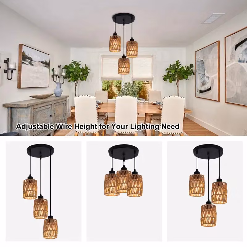Garwarm 3-Light Rattan Farmhouse Cluster Pendant Light in Natural Brown – 5