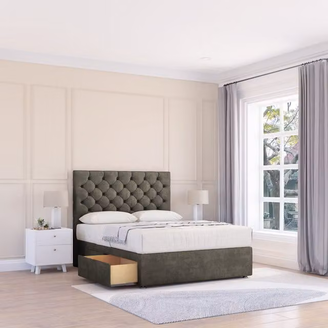 Sloomy Mayfair Divan Bed Base and 54 inch Floor Standing Chesterfield Headboard, Light Grey, W/D/H: 120 x 200 cm