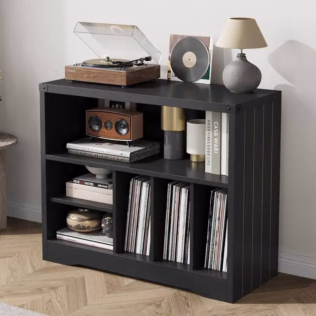 London Boutique Modern Black Record Player Stand with 6 Cube Media Storage Shelves – 1