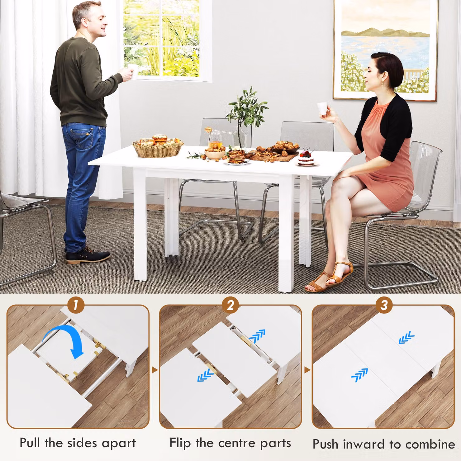 HOMCOM Extendable Rectangular Dining Table in High Gloss White, W/D/H: 120-160 x 70 x 78 cm – 2