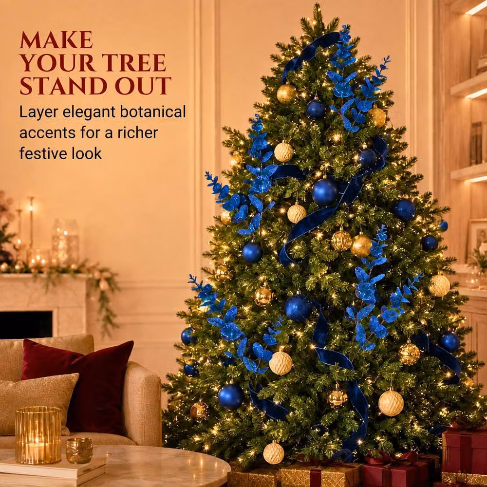 Shatchi 6 Pack Dark Blue Glitter Artificial Eucalyptus Christmas Tree Picks, Height: 55 cm – 6